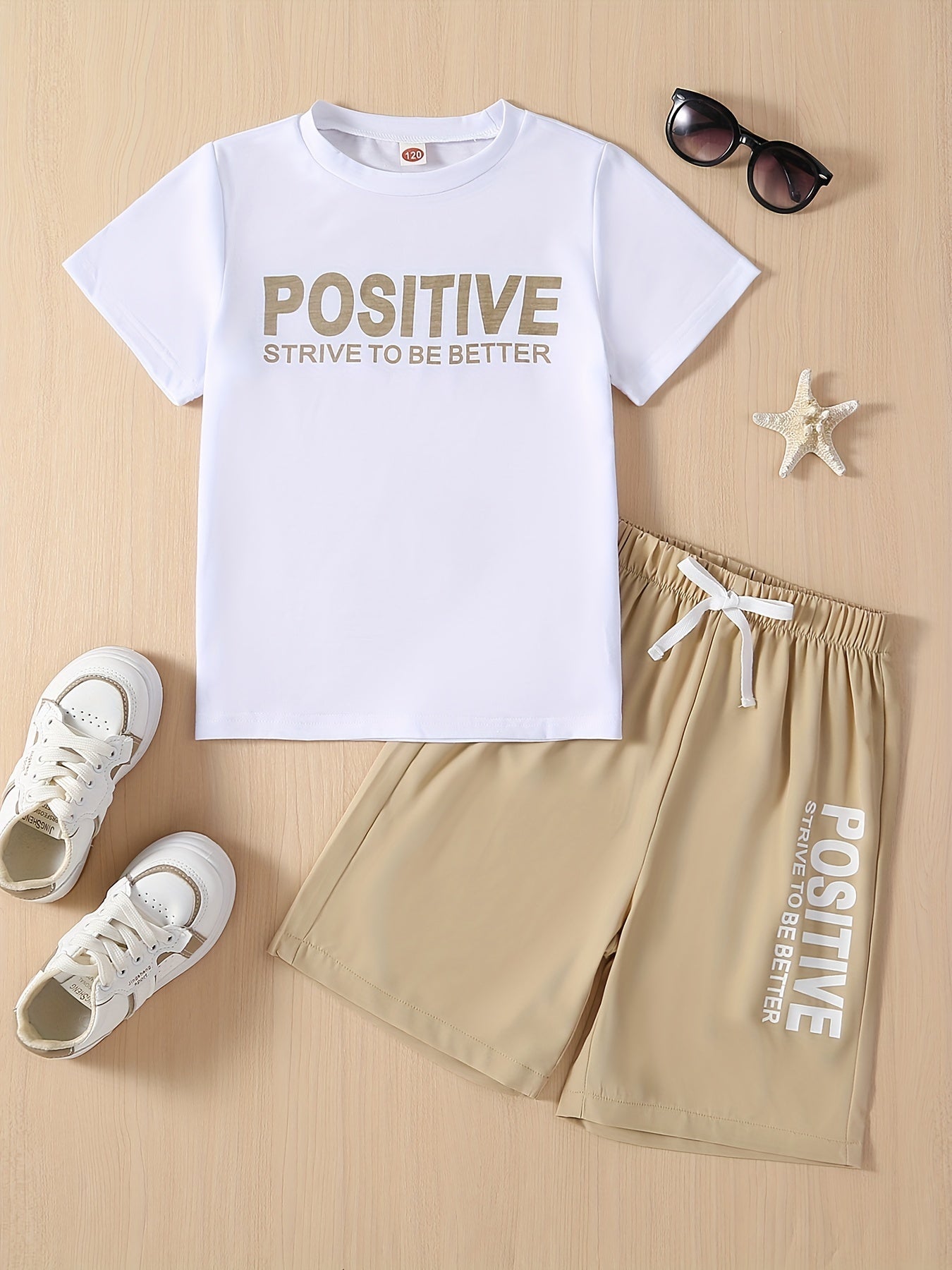 Boys Casual POSITIVE Graphic Print Tee&Shorts Set Summer Kids Clothing