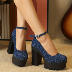 Denim Block Heels Buckle Strap Platform Pumps