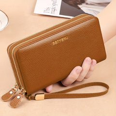 Leather Women'S Wallet with Double Zipper Wrist Strap in Brown and Dark Gray
