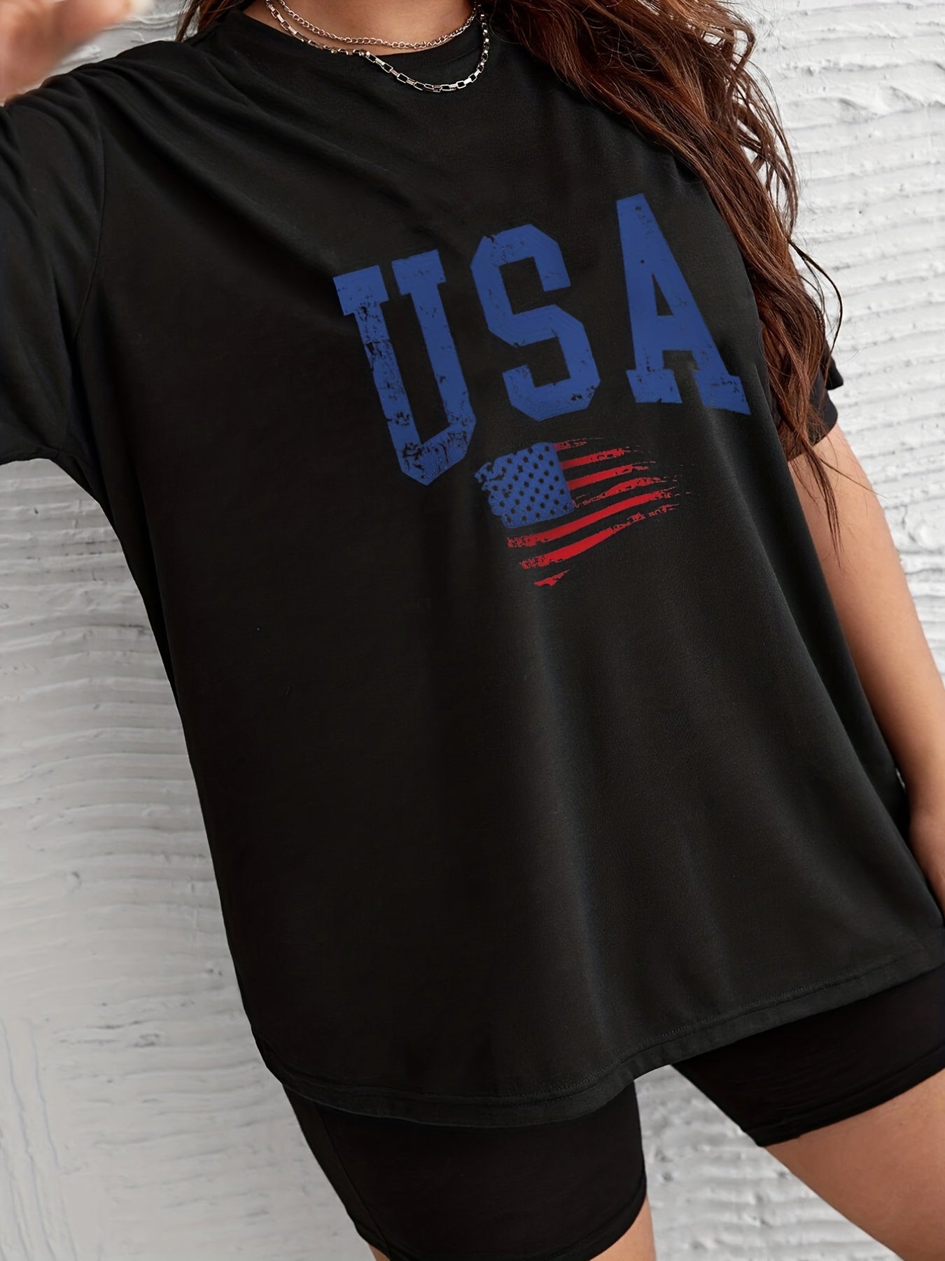 Independence Casual Loungewear Set Women's Plus Flag & Letter Print