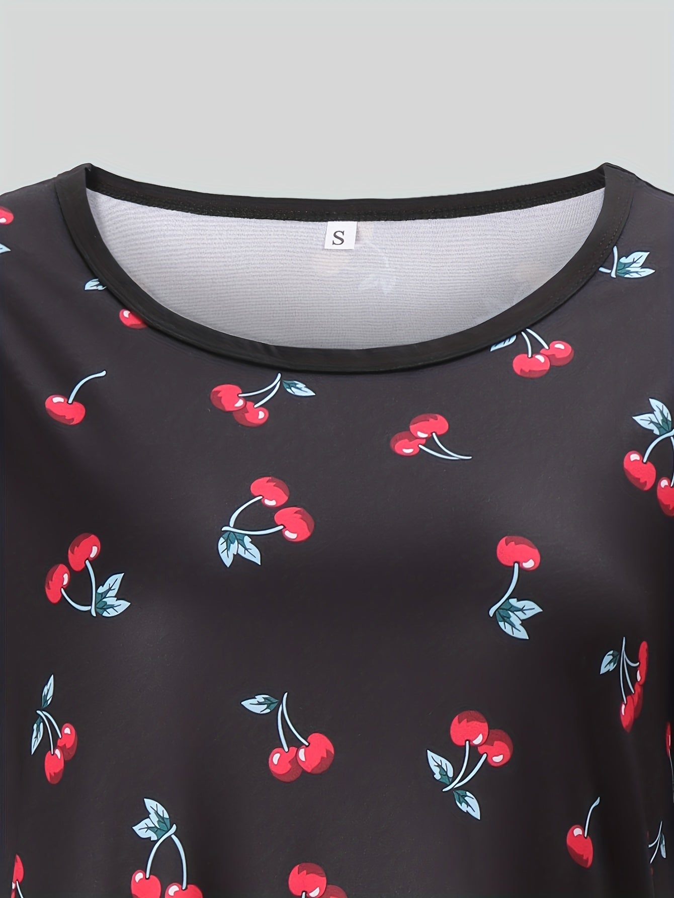 Cherry Print NightDress Short Sleeve Crew Neck Pajama Dress Women's Sleepwear
