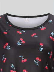 Cherry Print NightDress Short Sleeve Crew Neck Pajama Dress Women's Sleepwear