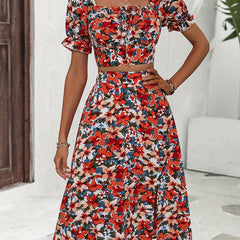 Floral Print Crop Top & Split Skirt Two-Piece Set