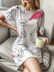 Letter Cartoon Print NightDress Short Sleeve Pajama Dress