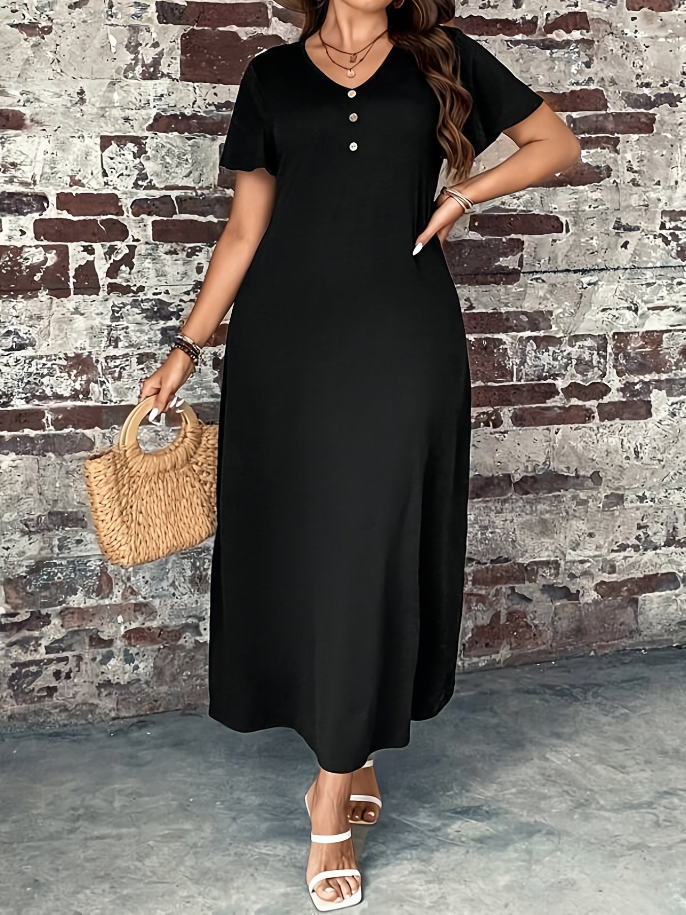 V-Neck Maxi Dress with Button Detail