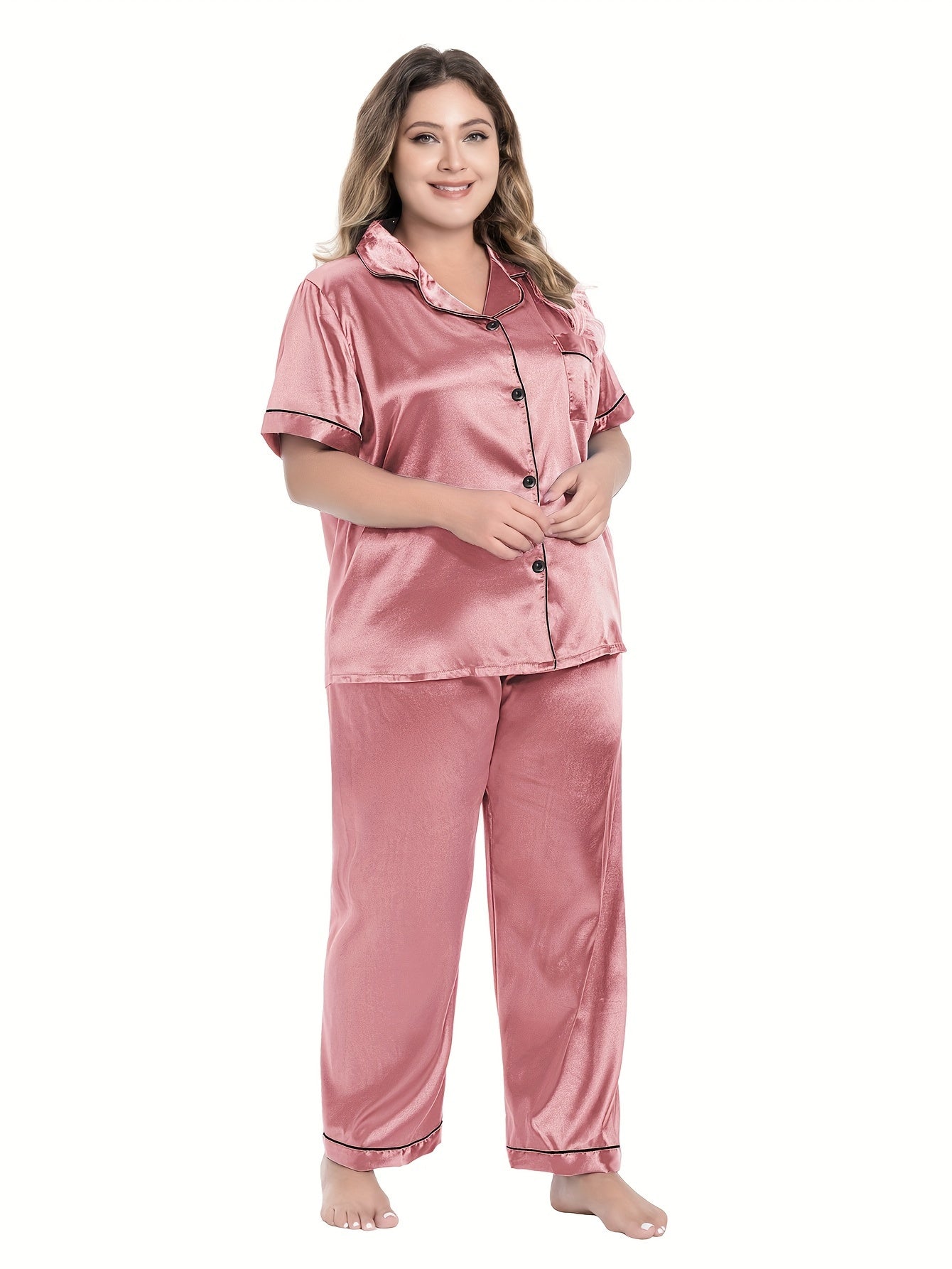 Women's Plus Satin PJs Set Short Sleeve Button Up Shirt & Pants Lounge 2 Piece