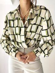 Geometric Print Button Up Long Sleeve Blouse