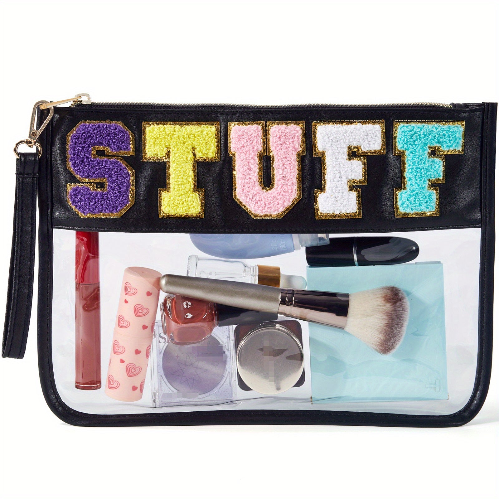 Chenille Letter Zipper Pouch Makeup Bag Clear Waterproof Toiletry Snack Bag