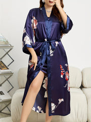 Floral Print Long Sleeve Robe With Belt Plus V Neck Nightgown