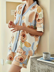 Bear Print Pajama Set Short Sleeve Top & Shorts