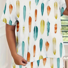 Feather Print Plus Size Top & Shorts Pajama Set