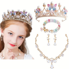 Kids Princess Crown Jewelry Set Butterfly Headpieces Flower Earrings Necklace