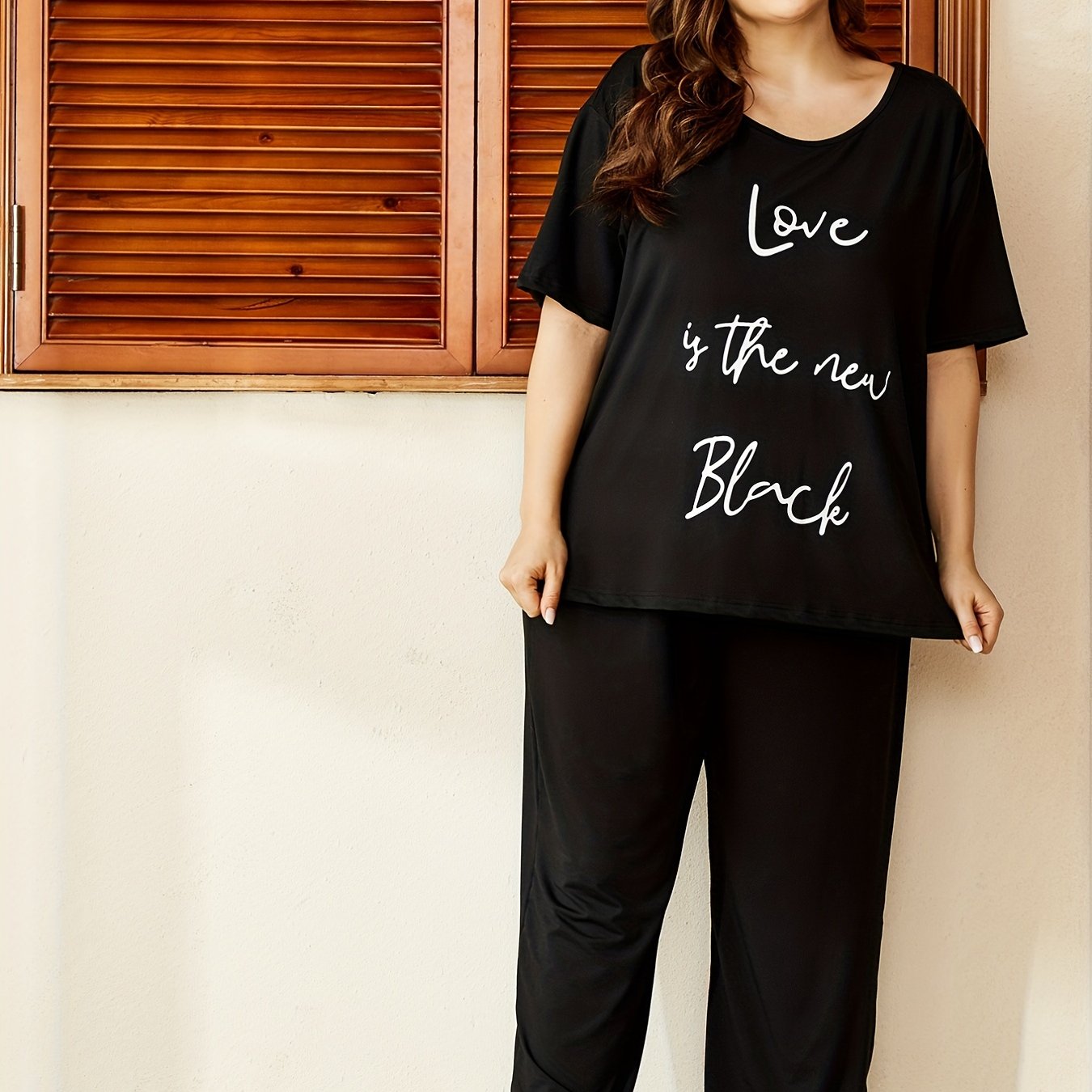 Letter Print Short Sleeve Top & Pants Pajamas Set