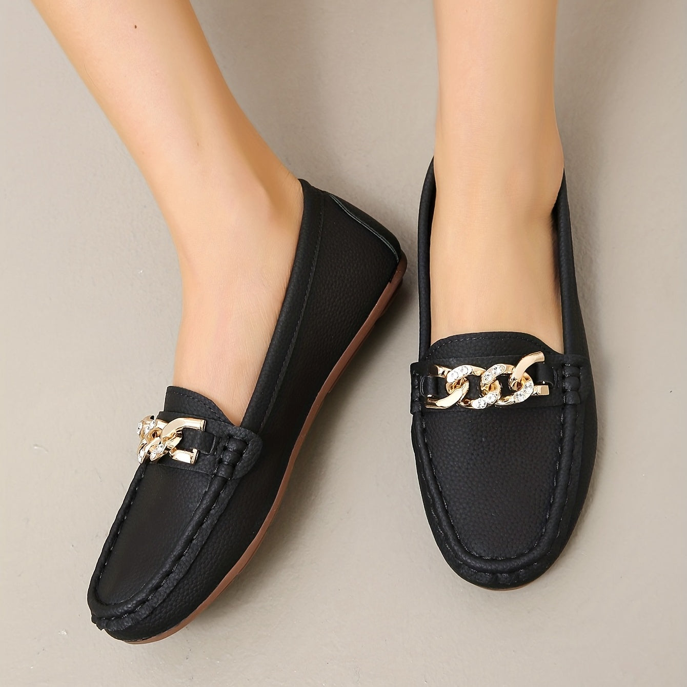 Women's Metallic Chain Loafers Slip On Soft Sole Flat Shoes