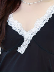 Contrast Lace Trim V Neck High Stretch Cami Sleep Dress