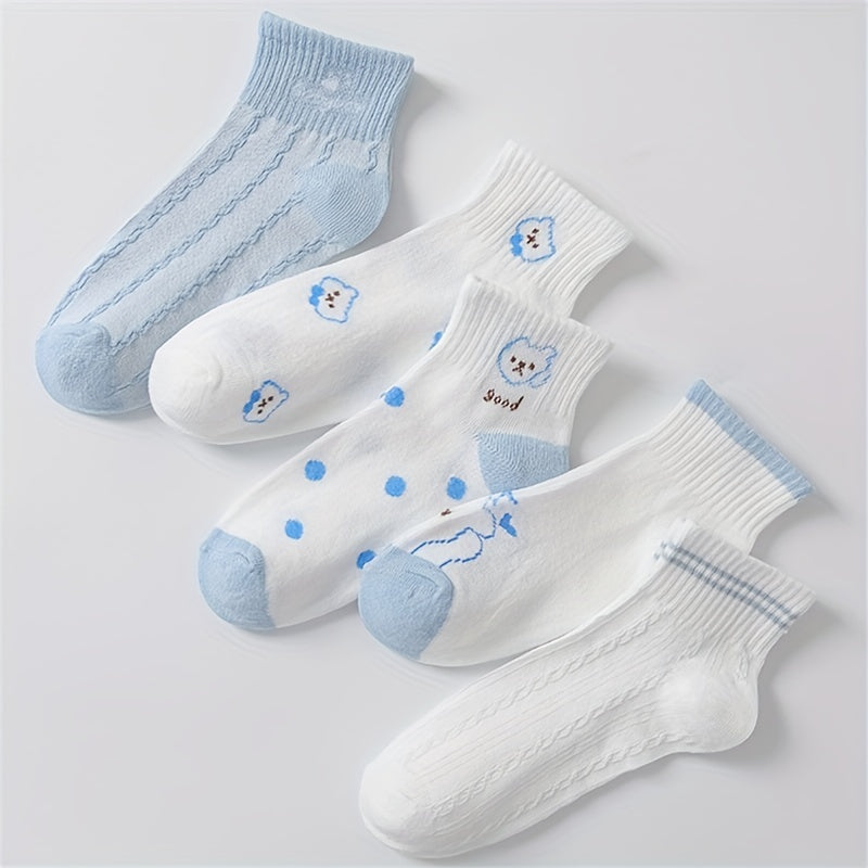 5 Pairs Cartoon Bear Print Socks Women's Crew Short Stockings