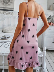 Heart Print Slip Nightdress Lace Trim Round Neck Ruffle Sleep Dress Women's Slee