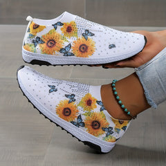Butterfly Sunflower Pattern Rhinestone Decor Mesh Sneakers