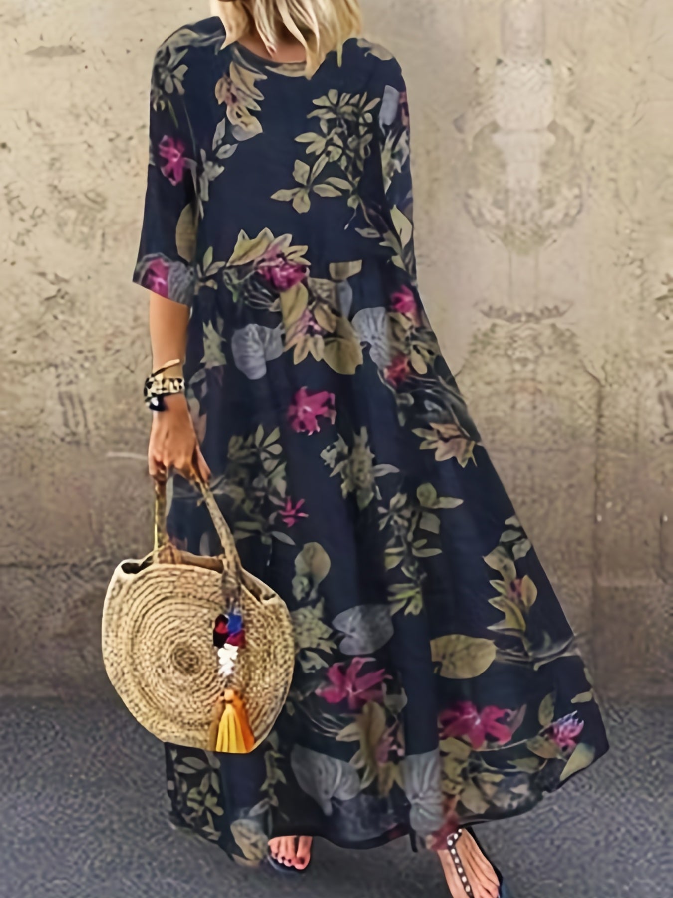 Women's Plus Floral Print Half Sleeve Round Neck Maxi Dress