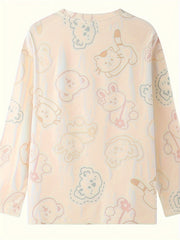 Bear Print Pajama Set Crew Neck Top & Pants Women's Sleepwear