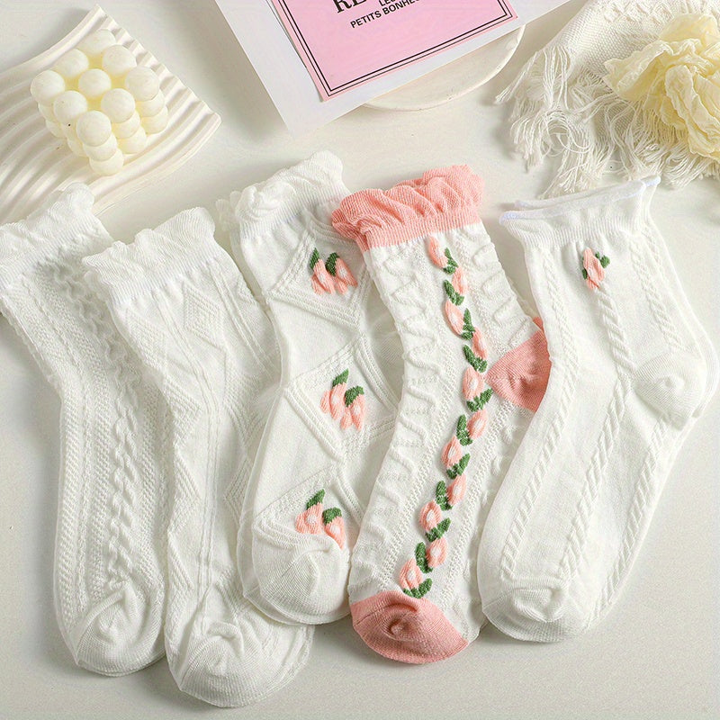 5 Pairs Floral Embroidered Mid Crew Socks Multicolor Women's Socks