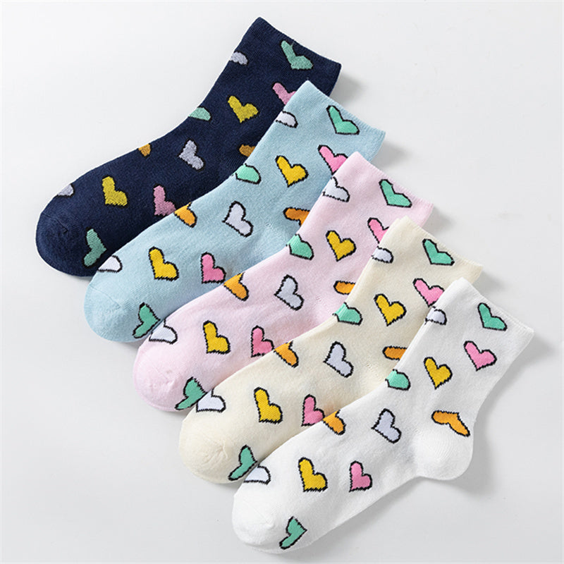 5 Pairs Heart Print Socks Comfy Women's Stockings & Hosiery