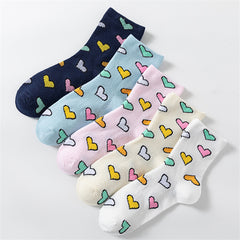 5 Pairs Heart Print Socks Comfy Women's Stockings & Hosiery