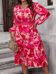 Women's Floral Print Lace Trim Lantern Sleeve V Neck A-line Dress