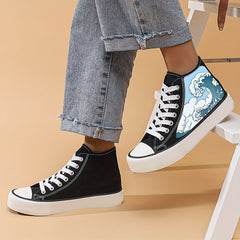 Women's High Top Canvas Skate Shoes with Wave Graphic