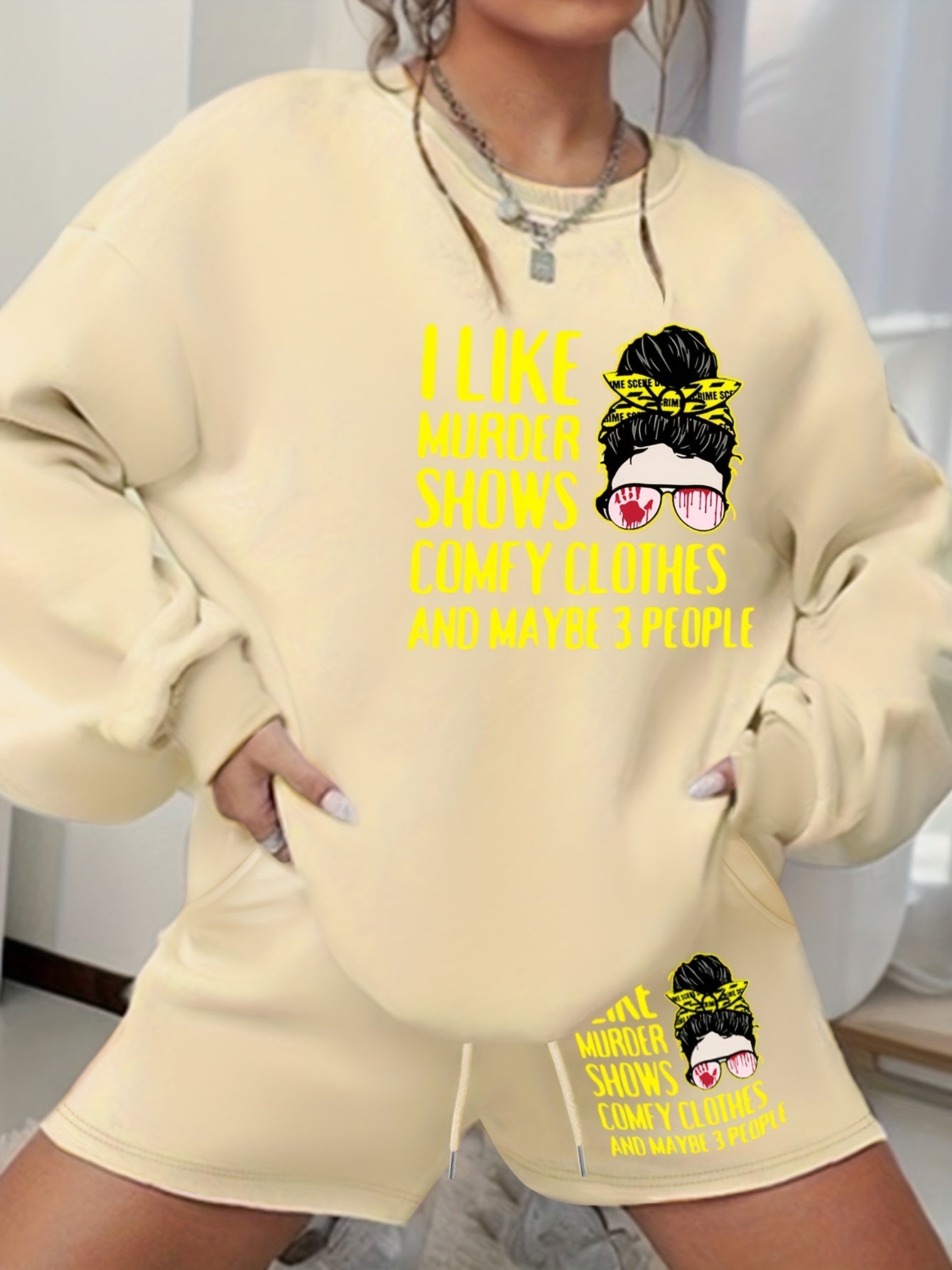2 Piece Set Women's Slogan & Cartoon Print Sweatshirt & Shorts