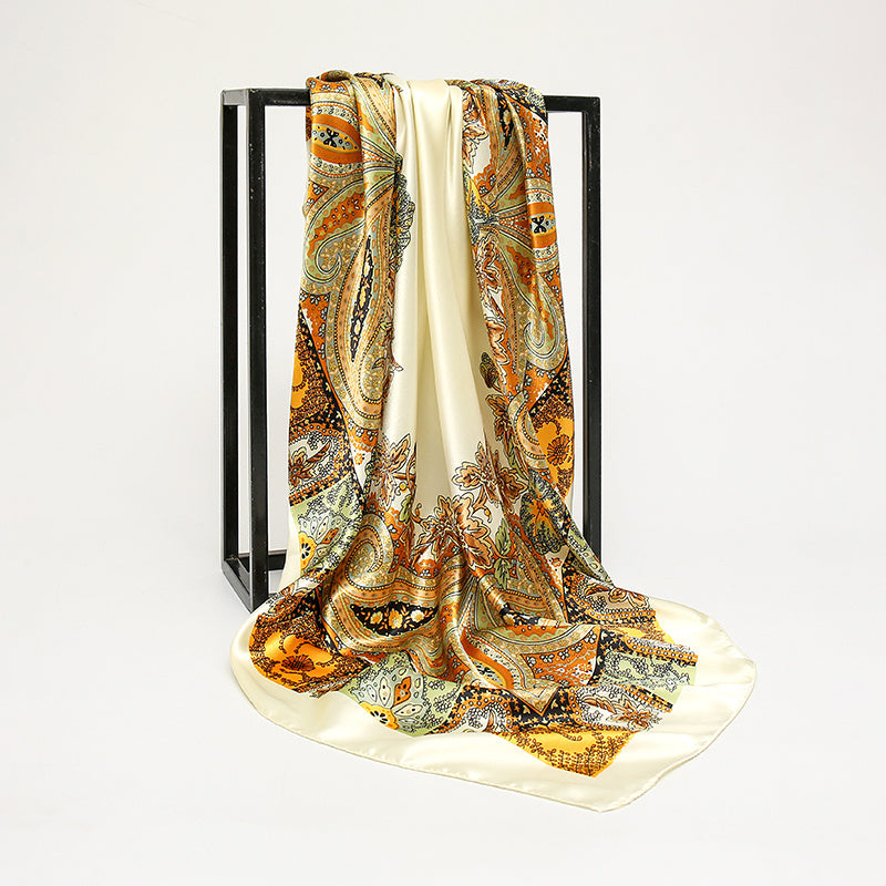 Boho Flower Print Scarf Satin Square Shawl Headscarf Wrap Casual Sunscreen