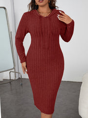 Solid Ribbed Long Sleeve Drawstring Hooded Dress