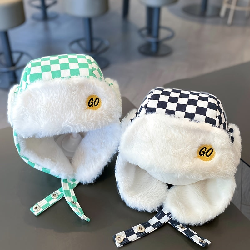 Boys Checkerboard Winter Fleece Ear Protection Hat
