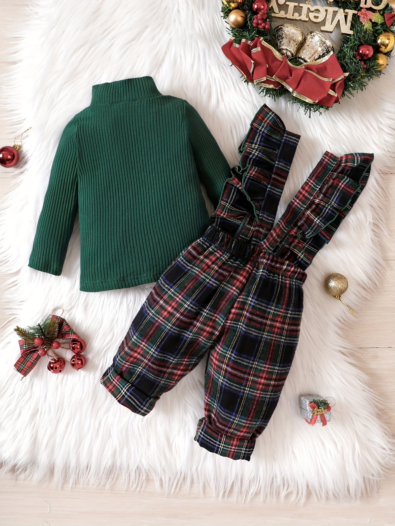 Baby Girls Knitted Top & Bow Ruffle Plaid Suspender Trousers Set