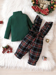 Baby Girls Knitted Top & Bow Ruffle Plaid Suspender Trousers Set