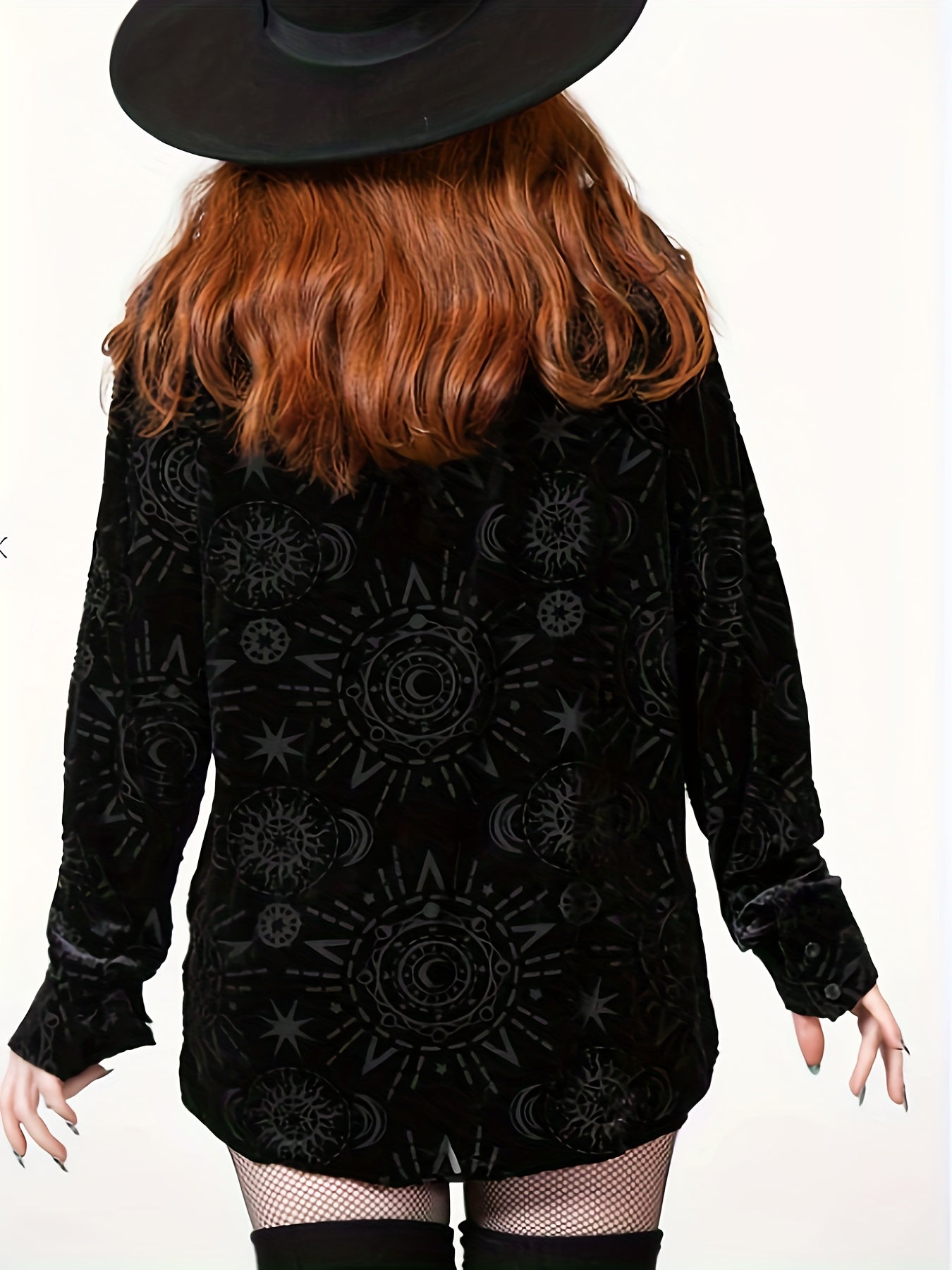 Gothic Blouse Women's Plus Moon Sun Print Long Sleeve Button Up Shirt