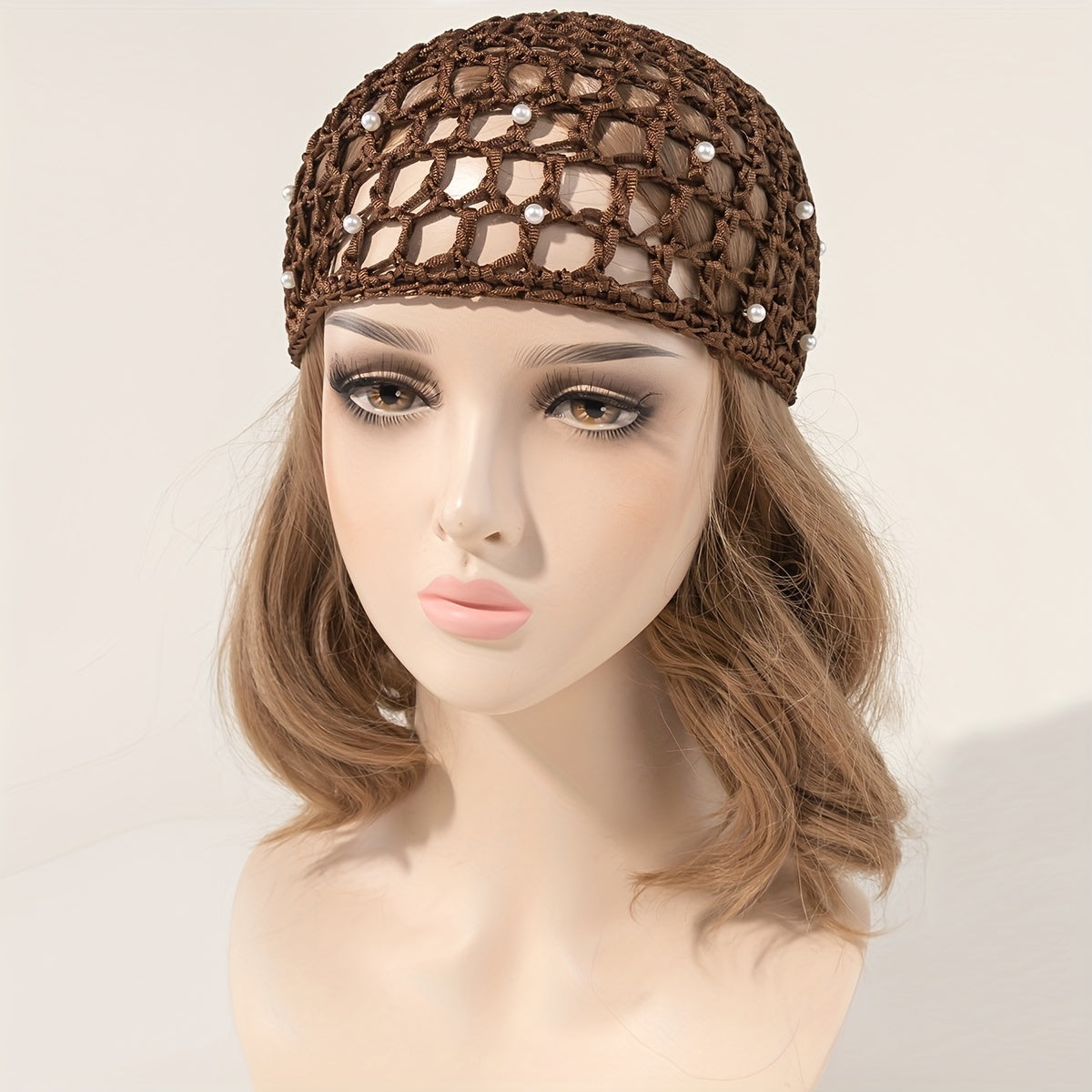 Faux Pearl Hair Net Snood for Women Hollow Crochet Turban Hat for Sleeping
