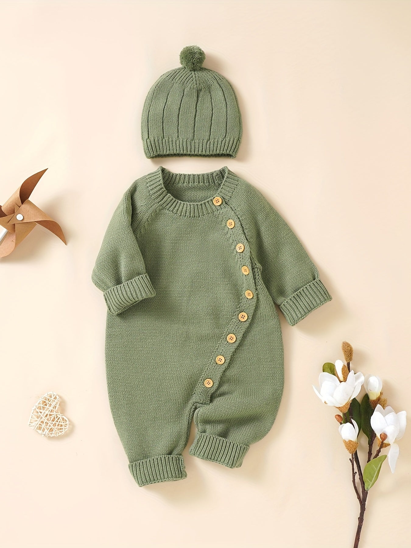 Personalized Knit Baby Onesie Diagonal Buttons & Hat