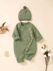 Personalized Knit Baby Onesie Diagonal Buttons & Hat