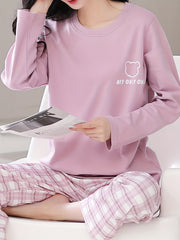 Cartoon Print Pajama Set Long Sleeve Top & Plaid Pants
