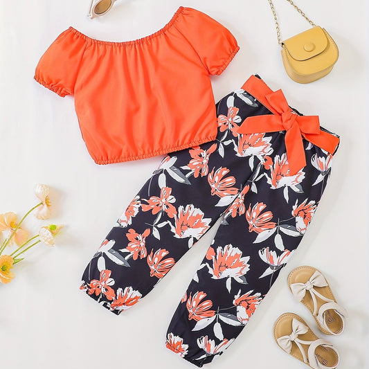 Girls Off Shoulder Crop Top & Flowers Print Pants Set