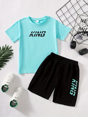 2pcs Boys Casual King Print Tee & Shorts Set Summer Outfits