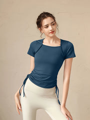 Drawstring Tie Side Yoga Top Short Sleejsonves Slim Fit