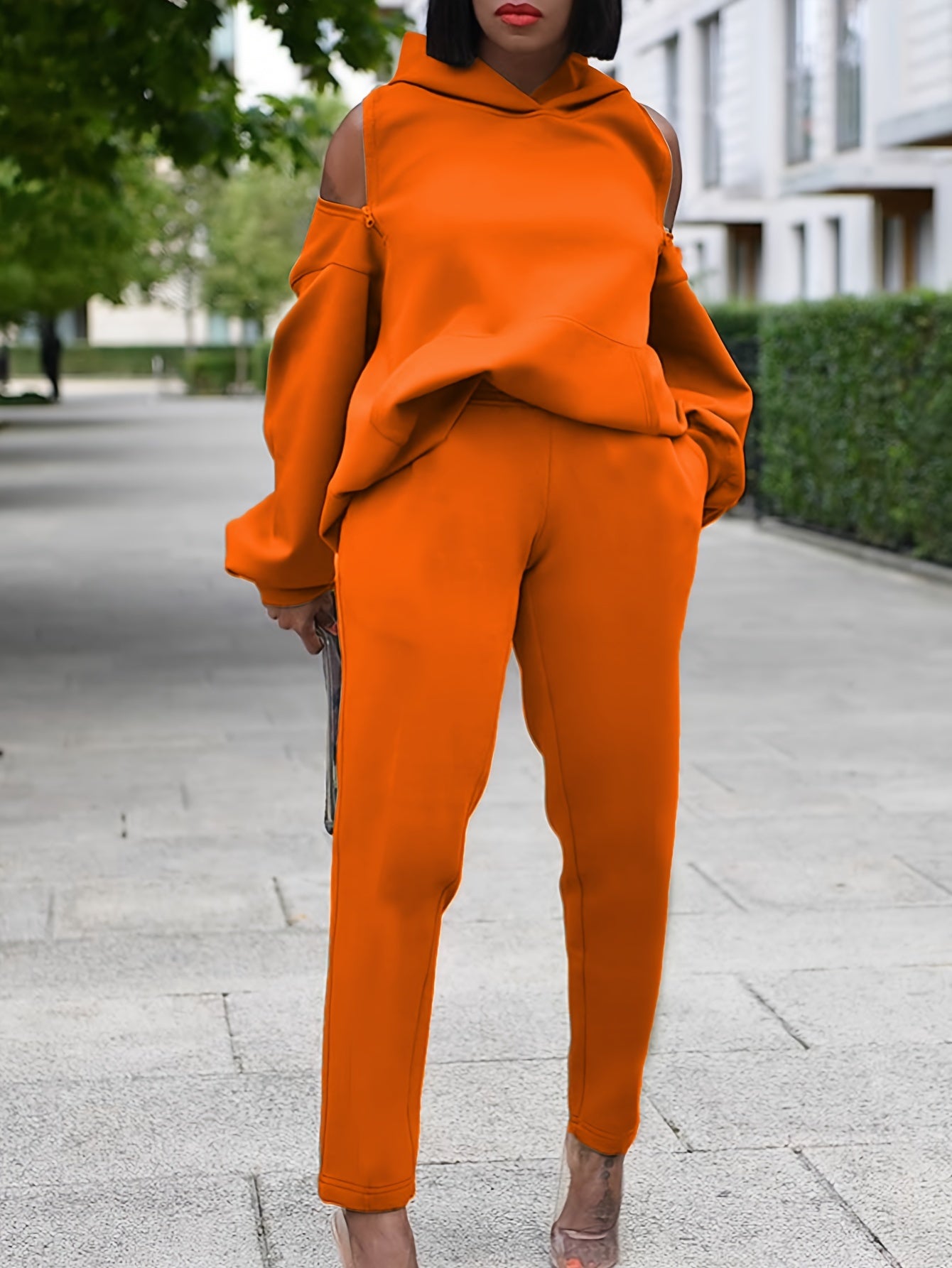 Zipper Back Solid Hoodie Sweatshirt & Sweatpants Set