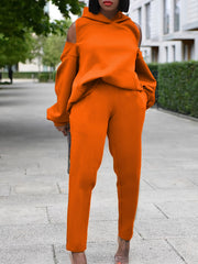 Zipper Back Solid Hoodie Sweatshirt & Sweatpants Set