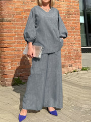 Solid V Neck Sleeve Top & Wide Leg Pants Set Women's Clothing