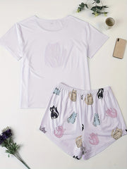 Plus Size Cat Print Pajamas Set Women's Short Sleeve Shirt & Shorts
