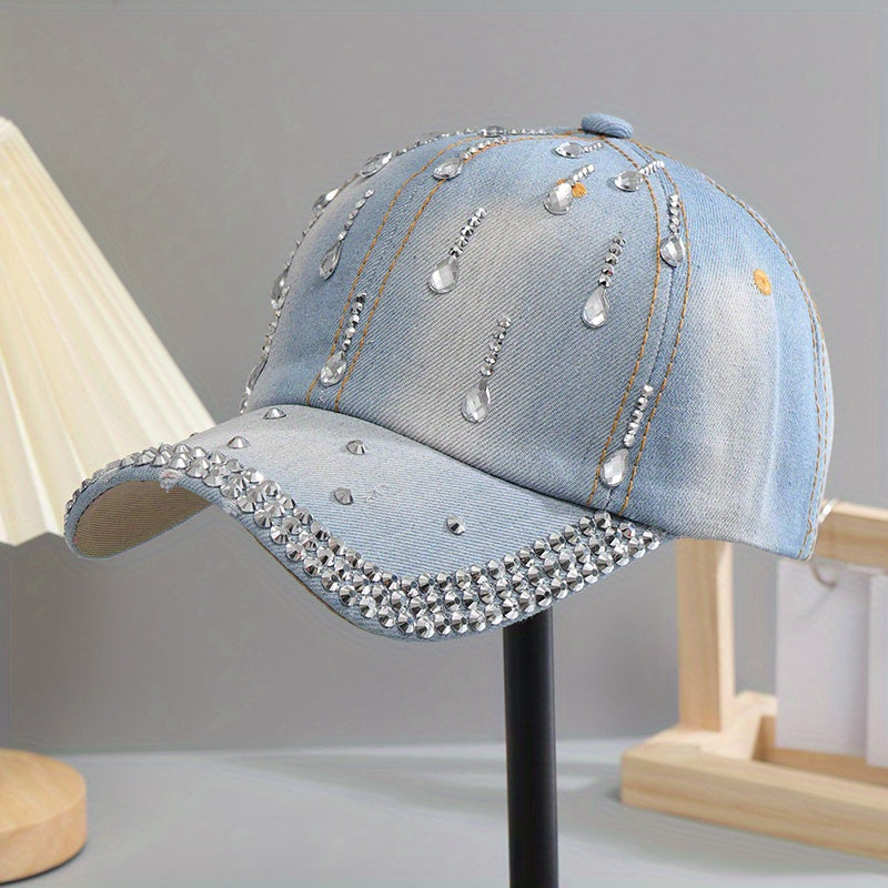 Distressed Denim Rhinestone Baseball Cap Adjustable Sun Hat
