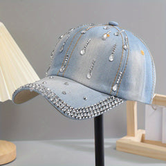 Distressed Denim Rhinestone Baseball Cap Adjustable Sun Hat