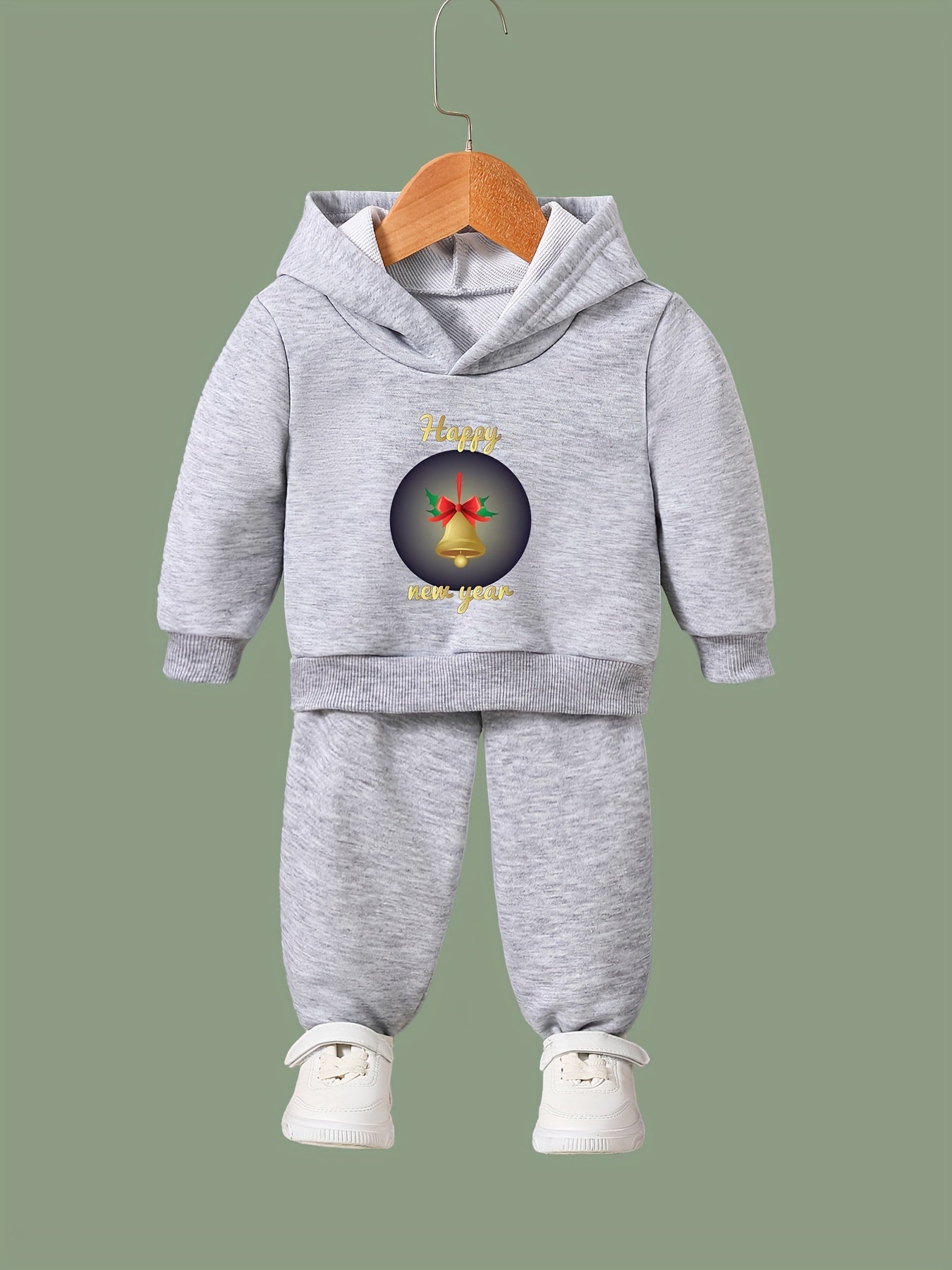 Girls Cartoon Christmas Bell Hooded Sweatshirt & Sweatpants Set Kids Clothes